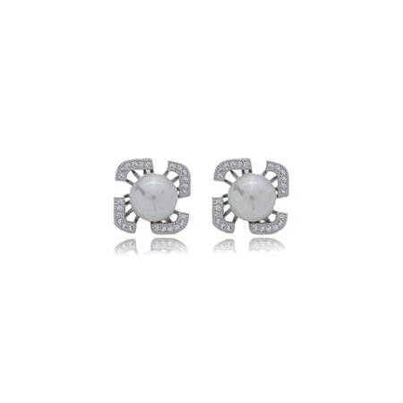 Brinco de perola cravejado de zirconia cristal banho em rodio branco