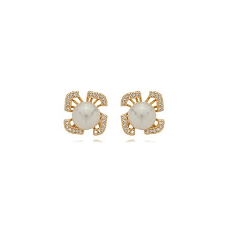 Brinco de perola cravejado de zirconia cristal banho em ouro 18k