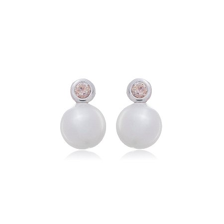 Brinco de base de perola cravejado de zirconia cristal banho em rodio branco