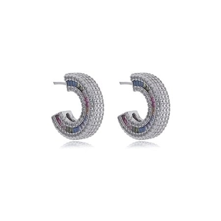 Brinco de argola cravejado de zirconia colorida banho em rodio branco