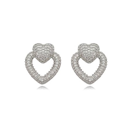 Brinco de coração cravejado com zirconia cristal banho em rodio branco