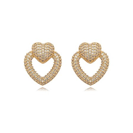 Brinco de coração cravejado com zirconia cristal banho em ouro 18k