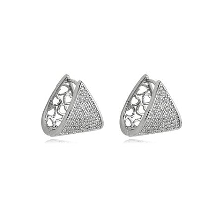 Brinco de argola cravejado de zirconia cristal banho em rodio branco