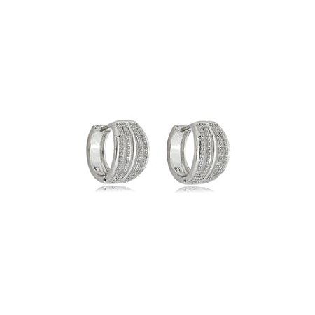 Brinco de argola cravejado de zirconia cristal banho em rodio branco