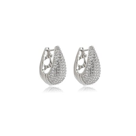 Brinco de argola cravejado de zirconia cristal banho em rodio branco