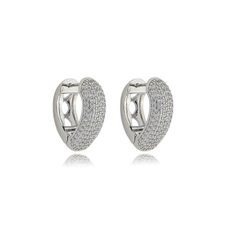 Brinco de argola cravejado de zirconia cristal banho em rodio branco