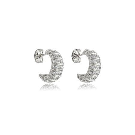 Brinco de argola cravejado de zirconia cristal banho em rodio branco