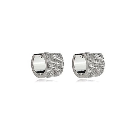 Brinco de argola cravejado de zirconia cristal banho em rodio branco