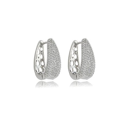 Brinco de argola cravejado de zirconia cristal banho em rodio branco