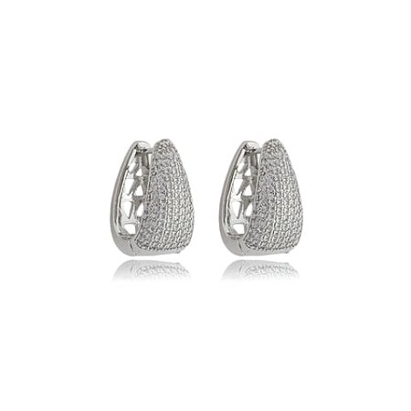 Brinco de argola cravejado de zirconia cristal banho em rodio branco
