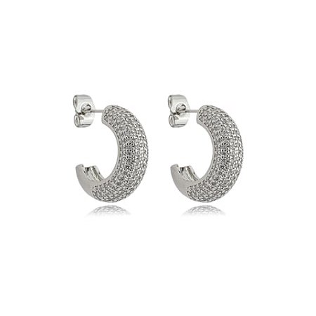 Brinco de argola cravejado de zirconia cristal banho em rodio branco