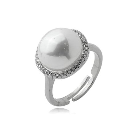 Anel de perola cravejado de zirconia cristal banho em rodio branco