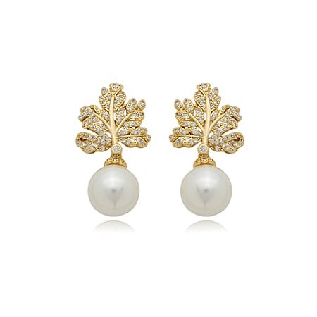 Brinco de perola cravejado de zirconia cristal banho em ouro 18k