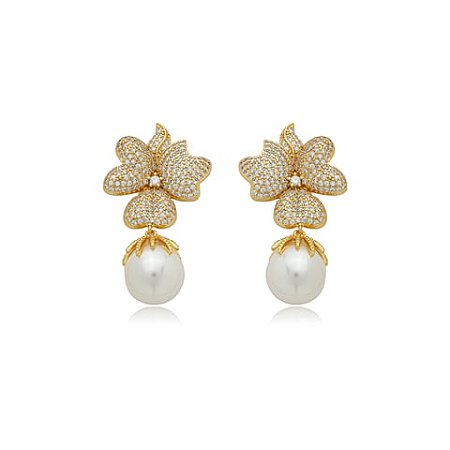 Brinco de perola cravejado de zirconia cristal banho em ouro 18k