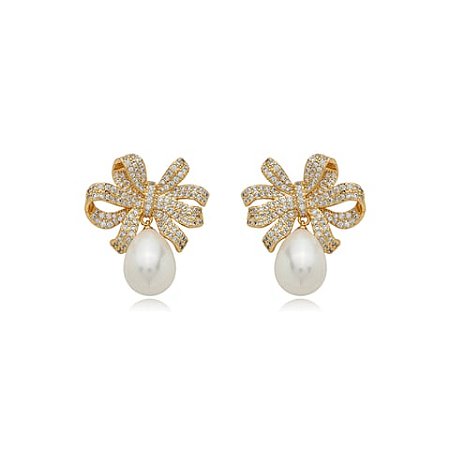 Brinco de perola cravejado de zirconia cristal banho em ouro 18k