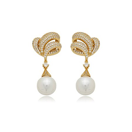 Brinco de perola cravejado de zirconia cristal banho em ouro 18k