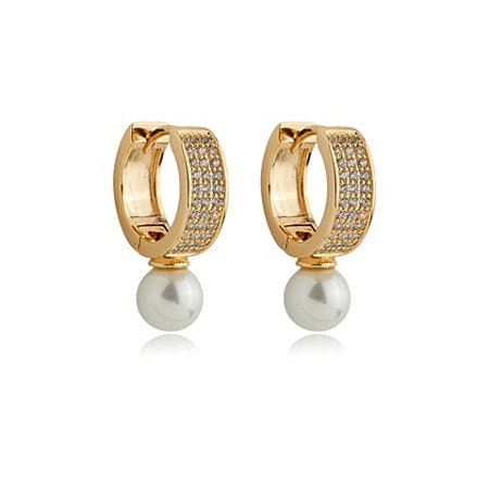 Brinco de argola perola cravejado de zirconia cristal banho em ouro 18k