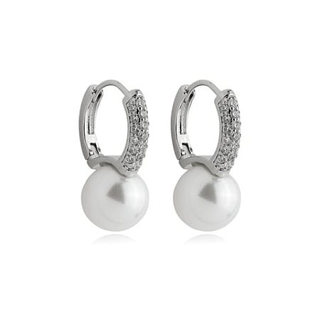 Brinco de perola cravejado de zirconia cristal banho em rodio branco