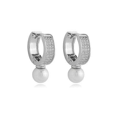Brinco de perola cravejado de zirconia cristal banho em rodio branco