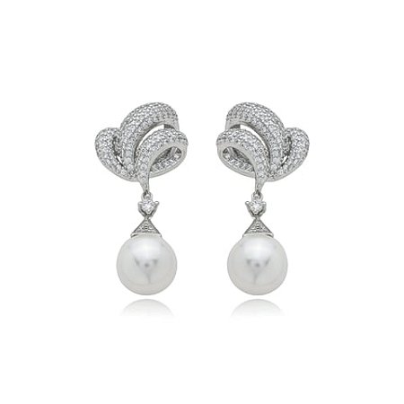 Brinco de perola cravejado de zirconia cristal banho em rodio branco