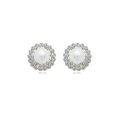 Brinco de perola cravejado de zirconia cristal banho em rodio branco