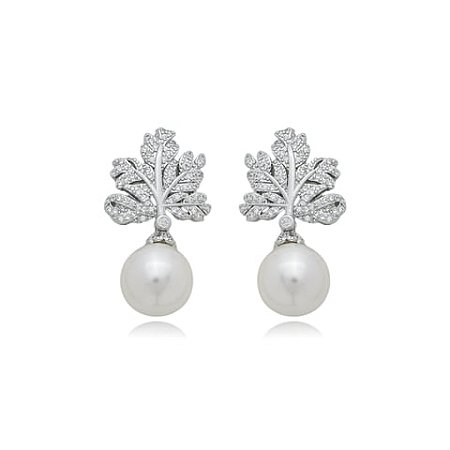 Brinco de perola cravejado de zirconia cristal banho em rodio branco