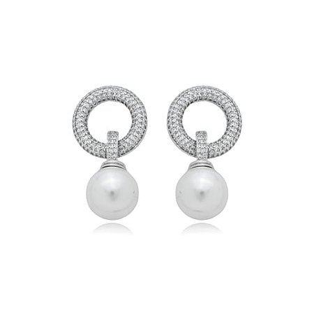Brinco de perola cravejado de zirconia cristal banho em rodio branco