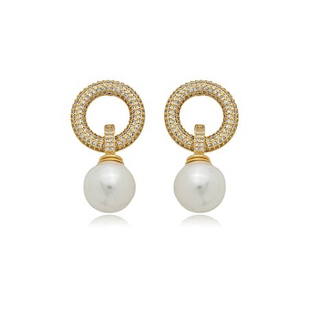 Brinco de perola cravejado de zirconia cristal banho em ouro 18k