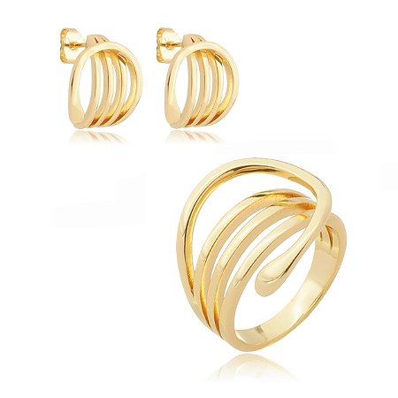 Conjunto de brinco e anel dourado liso banho em ouro 18k