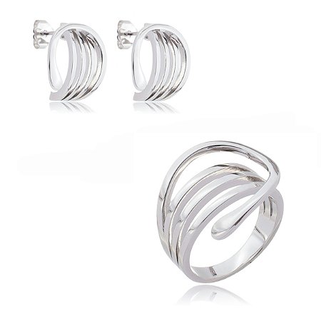 Conjunto de brinco e anel liso banho em rodio branco