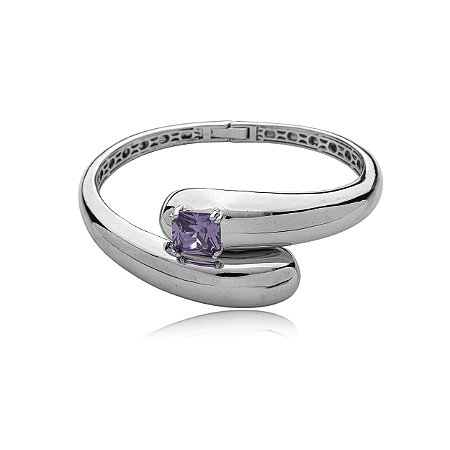 Bracelete liso com detalhe cravejado de zirconia ametista banho em rodio branco