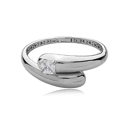 Bracelete liso com detalhe cravejado de zirconia cristal banho em rodio branco