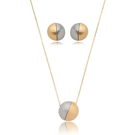 Conjunto de brinco e colar acetinado liso banho duplo