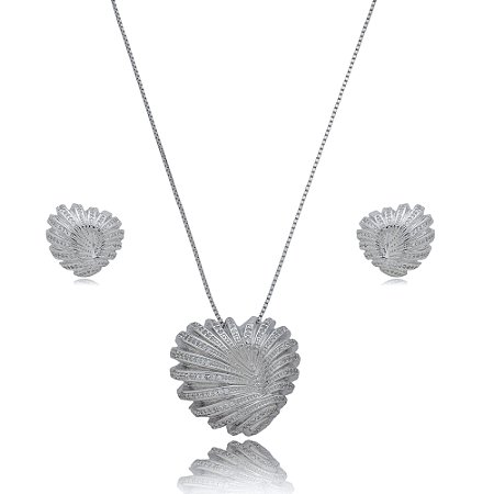 Conjunto de brinco e colar cravejado de zirconia cristal banho em rodio branco