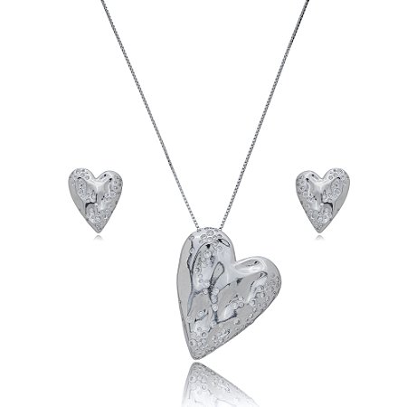 Conjunto de brinco e colar de coração cravejado de zirconia cristal banho em rodio branco