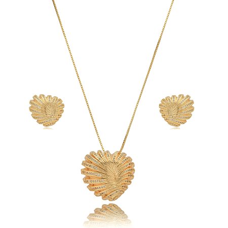 Conjunto de brinco e colar cravejado de zirconia cristal banho em ouro 18k
