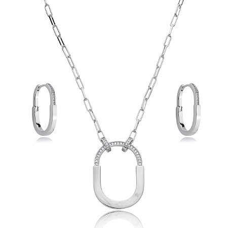 Conjunto de brinco e colar cravejado de zirconia cristal banho em rodio branco