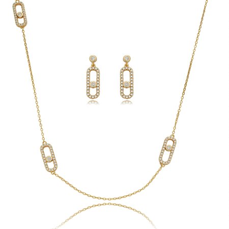 Conjunto de brinco e colar cravejado de zirconia cristal banho em ouro 18k