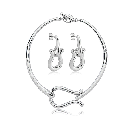 Conjunto de brinco e colar liso banho em rodio branco