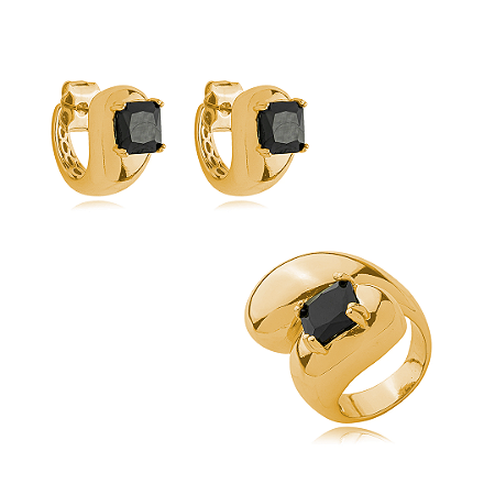 Conjunto de brinco e anel cravejado de zirconia onix banho em ouro 18k
