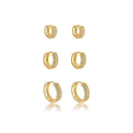 Trio de argola cravejado de zirconia cristal banho em ouro 18k