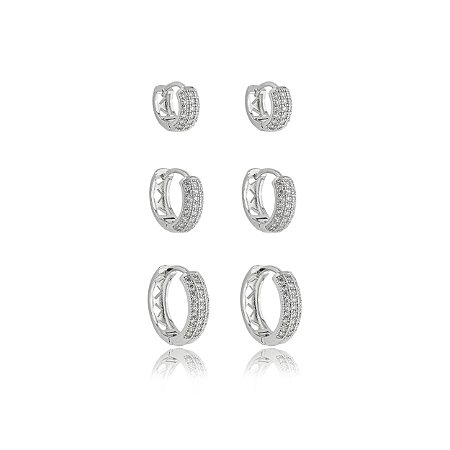 Trio de argola cravejado de zirconia cristal banho em rodio branco