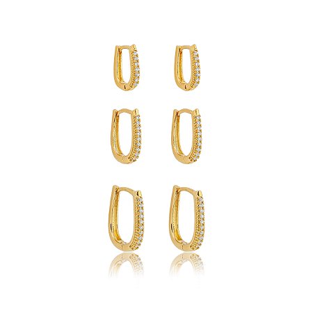 Trio de argola cravejado de zirconia cristal banho em ouro 18k