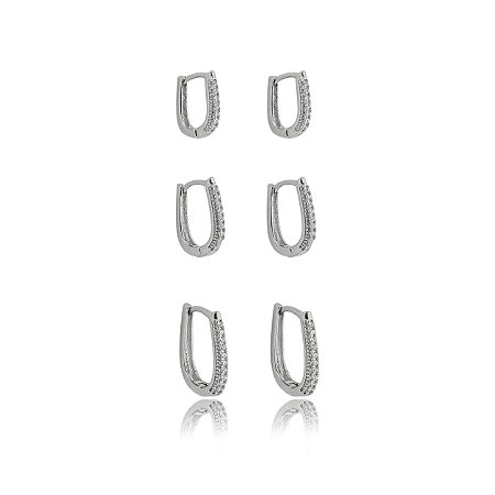 Trio de argola cravejado de zirconia cristal banho em rodio branco