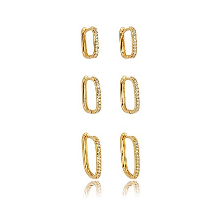 Trio de argola cravejado de zirconia cristal banho em ouro 18k
