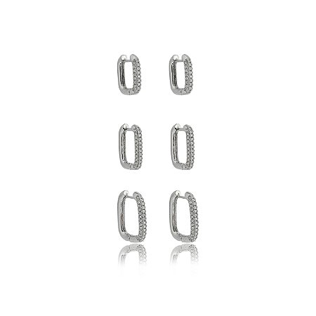 Trio de argola cravejado de zirconia cristal banho em rodio branco