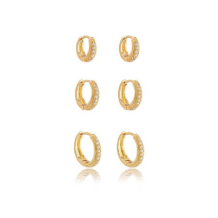 Trio de argola cravejado de zirconia cristal banho em ouro 18k