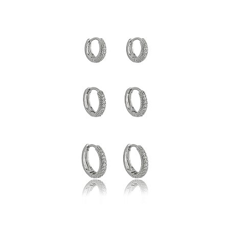 Trio de argola cravejado de zirconia cristal banho em rodio branco