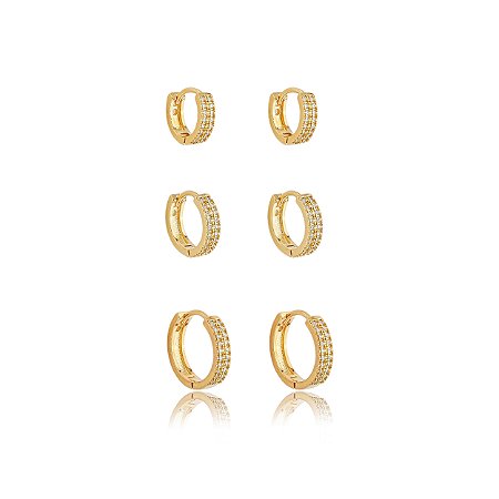 Trio de argola cravejado de zirconia cristal banho em ouro 18k
