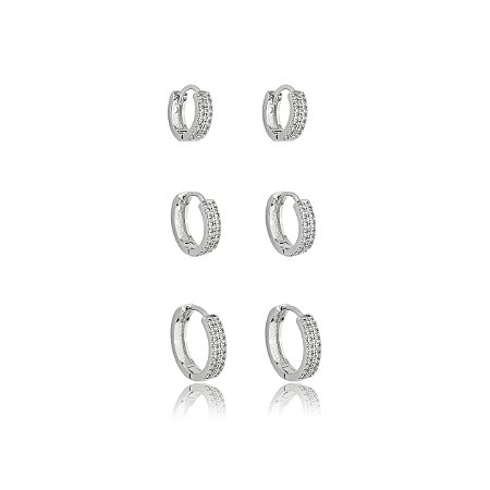 Trio de argola cravejado de zirconia cristal banho em rodio branco